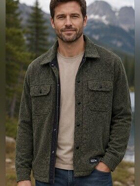 Eddie Bauer Men's Sweater Fleece Shirt Jacket Olive Green Outdoor Utility Hiking